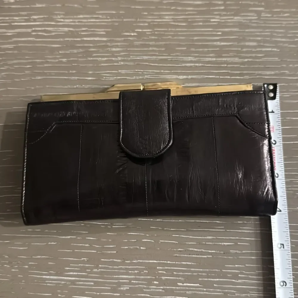VINTAGE 1980s Brown Gold-Tone Structured EEL Skin Multi Compartment Snap Wallet